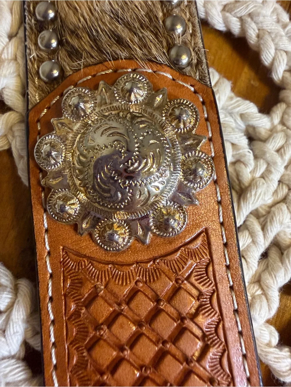 Ranger Belt Company Western Cowhide Hair On Hide Tooled Leather Belt 38